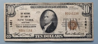 1929 Ten Dollar Bill $10 National Currency Note - New York NY #96252 - Image 1 of 2