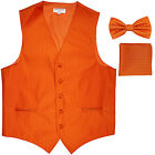 New Men's Formal Vest Tuxedo Waistcoat bowtie  hankie set stripes orange prom