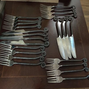 Pottery Barn Fiddlehead Stainless Steel Flatware 24 Pieces Blackened Handles - Picture 1 of 9