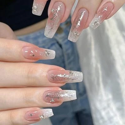 White Press on Nails Coffin Medium French Tip Glue on Nails with Glitter  - Image 1 of 4
