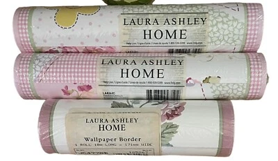 NOS Laura Ashley Home Wallpaper Pink Floral Pink Cottage Rose Border Lot Of 3 - Image 1 of 3