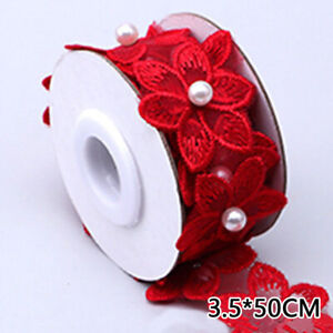1 Roll Pearl Flower Embroidered Lace Trim Ribbon Sewing Wedding Dress DIY Craft 