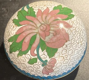 Vintage Cloisonné Enamel Trinket Box Lidded Pot Oriental Lily Orchid Teal Blue - Picture 1 of 12