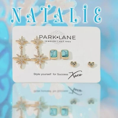 Park lane NATALIE Earrings 3 Pair Set Studs Turquoise CZ Goldtone Star Heart Sq - Image 1 of 3