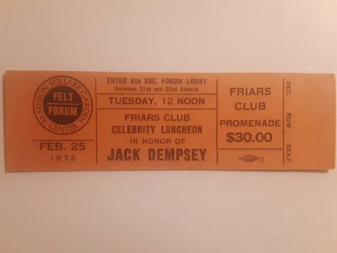 Jack Dempsey Honorary Boxing Vintage Ticket Cover