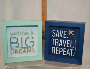 SIE WÄHLEN SPARDOSE BANK Sparen REISEN Wiederholen Kleingeld Große Träume Sparen Holz BLAU - Bild 1 von 13