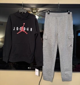 Nike Air Jordan Boys Jumpman Fleece Hoodie CARGO Joggers Set BLACK GREY XL 18 20 - Picture 1 of 6
