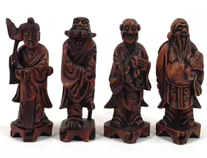 Set 4 statuine giapponesi in legno intagliato a mano imperatore imperiale asiatico 4" - Foto 1 di 19