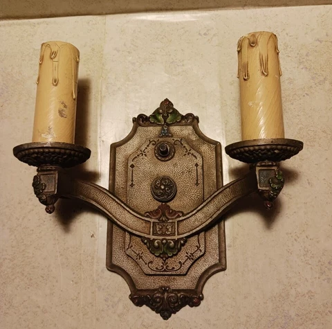 ~Antique Art Deco Cast Metal Electric Wall Double Candle Light Fixture Sconce~ Cover