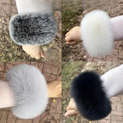 Real Fox Fur Cuffs Sleeves A Pair white Black Match for Jacket Coat - Image 1 of 4