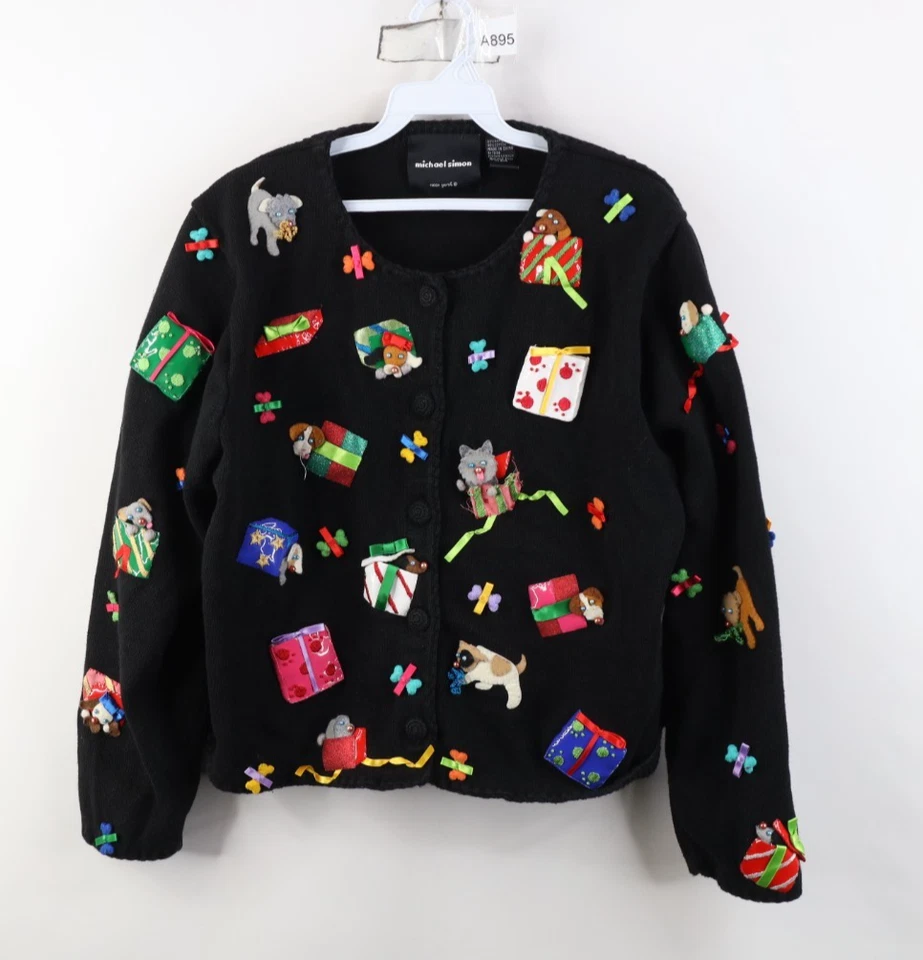 Vtg Y2K 2000 Michael Simon Womens L Christmas Dog Present Knit Cardigan Sweater - Image 1 of 4