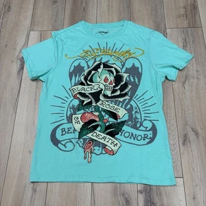 Ed Hardy Shirt Herren Gr. M Mint Schwarz Rose Of Death Tattoo Grafik Tee Edelsteine - Bild 1 von 5