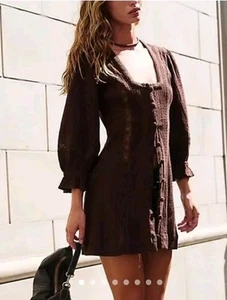 Free People Dress Brown Free-est Jules Mini TEXTURED Long Sleeve Sz M NWT - Picture 1 of 7