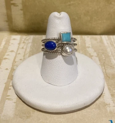 Catálogo Sundance Tres Anillos Pila Plata de Ley con Lapislázuli Turquesa y Perla Foto 1 de 4