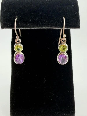 Faceted Peridot Amethyst 2-Gem Teardrop 925 Sterling Silver Dangle Drop Earrings - Image 1 of 4