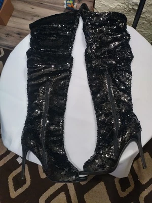 CAMSSOO женщин блестящий блестками над колена ботинки сексуальный высоких каблуках с открытым носком 9,5 - Изображение 1 из 4