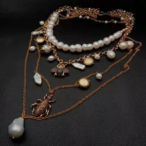 17" layered chain White Pearl Cz insect multi-layer charm necklace - Picture 1 of 4