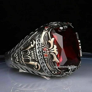 Solid Real Sterling Silver Garnet Stone Men's Ring All Size #TR168 - Picture 1 of 3