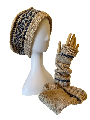 OBD Handmade, Hand Knit Beret and Fingerless Gloves, Tan with Blue Striping - Image 1 of 4