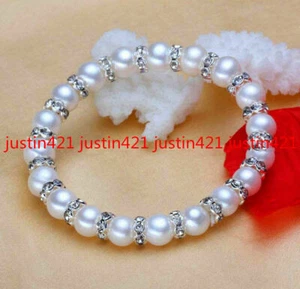 Natural 7-8mm White Freshwater Pearl & White Rhinestones Bracelet 7.5'' - Picture 1 of 4