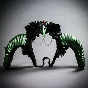 Halloween Ram Horn Women Headband w/ Bird Raven Skull Party Black Green Headgear - Picture 1 of 4