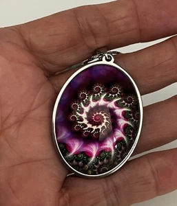 Purple Swirl 30x40mm Cabochon Pendant Stainless-Steel Bezel and Snake Chain 18" - Picture 1 of 5