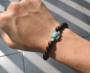 Blue Turtle Beaded Bracelet Wooden Beads Made of Wood Gift for Kid Men Women - Picture 1 of 2