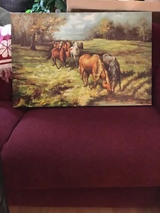 Lovely Framed Mixed Colored Horses Grazing In A Large Field Painting    - Picture 1 of 3