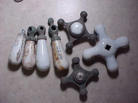 Lot of old porcelain/brass plumbing knobs & handles-New Mexico detecting finds Cover