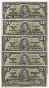 Bank of Canada 1937 $20 Dollars Lot of 5 Vintage Notes King George VI $100 Face - Picture 1 of 2