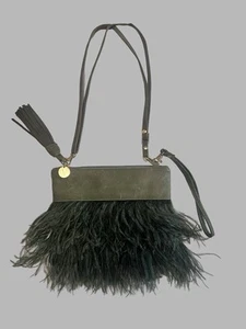 Vegan Leather And Ostrich Feather Convertible Shoulder Clutch Bag PurseGreen - Picture 1 of 13