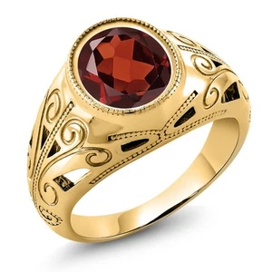 Men's 18K Yellow Gold Plated Silver Garnet Ring (5.50 Cttw, Gemstone - Picture 1 of 32