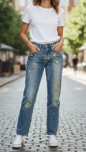 NWT Dolce & Gabbana Italy Splatter Metallic Paint Mid Denim Pants 00 2 XS 26 - Picture 1 of 11