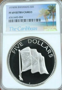 1974 BAHAMAS SILVER 5 DOLLARS NATIONAL FLAG NGC PF 69 ULTRA CAMEO HIGH GRADE - Picture 1 of 4