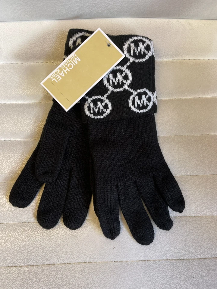 Michael Kors Knit Gloves Monogrammed Cuff White & Black