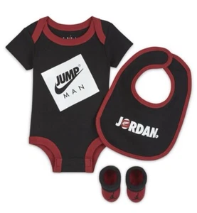 Nike Air Jordan Baby Boys 0-6 Months Black Red Bib Bodysuit Booties 3 Piece Set - Picture 1 of 6