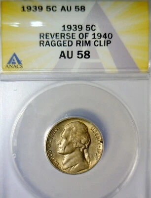 1939 ERROR ANACS AU58 Ragged Clip Jefferson Nickel CH AU + Clipped Coin NR - Image 1 of 4