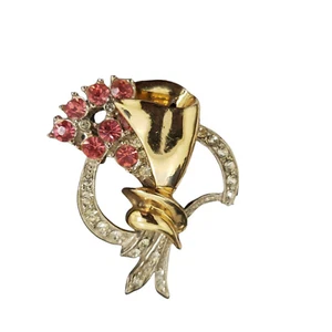 Brosche Anstecknadel Blumenstrauß rosa klare Strasssteine goldfarben Metall - Bild 1 von 10