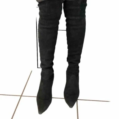 Manolo Blahnik Over The Knee High Boots Black Stretch Suede3.3/4" Heel Size 40.5 - Image 1 of 4