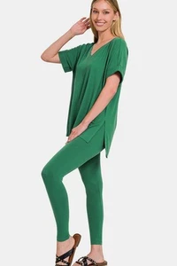Zenana Full Size V-Neck Rolled Short Sleeve T-Shirt and Leggings Lounge Set - Picture 1 of 4