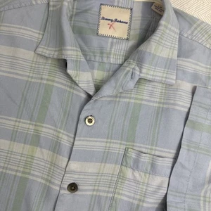 Tommy Bahama Men's Large 100% Silk Button Up Shirt Short Sleeve Blue Plaid Beach - Picture 1 of 8