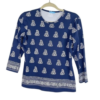 Camisa Top J McLaughlin Catalina Tela Paisley Floral Azul Marino Manga 3/4 Talla S Foto 1 de 4