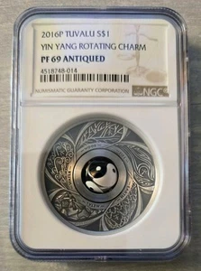 2016 Tuvalu Yin Yang 1oz Silver Coin NGC Antiqued Spinner Coin High Relief w/Box - Picture 1 of 3