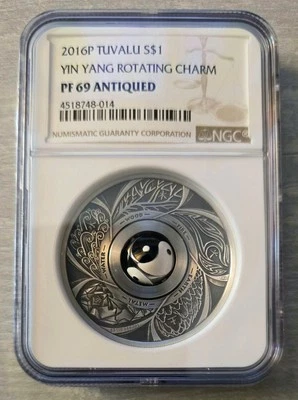 2016 Tuvalu Yin Yang 1oz Silver Coin NGC Antiqued Spinner Coin High Relief w/Box - Image 1 of 3