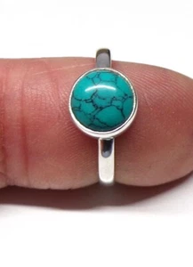 Handmade 925 Sterling Silver 8 mm Round Turquoise Stone Plain Ring Size J to V - Picture 1 of 9