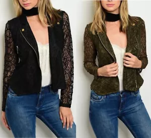 Black or Army Green Lace Overlay Offset Zip Front Long Sleeve Moto Jacket S M L - Picture 1 of 5
