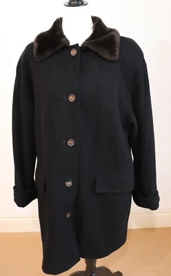 Abrigo de lana Donnybrook vintage con cuello de piel sintética negro para mujer talla 12  Foto 1 de 4