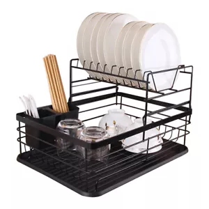 2 TIER KITCHEN SINK DISH DRAINER RACK WITH DRIP TRAY CUTLERY HOLDER PLATE RACK - Picture 1 of 13