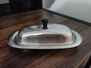 Vintage Antique Stainless Steel 3 Piece Butter Dish With Glass Insert 8 1/2" - Picture 1 of 3