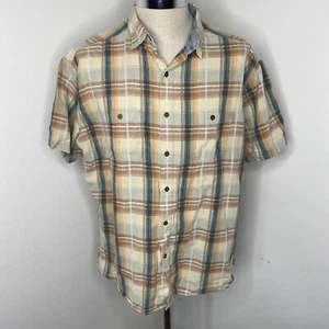 KUHL Shirt Mens 2XL Tan Blue Plaid Button Front Short Sleeve Linen Cotton - Picture 1 of 7